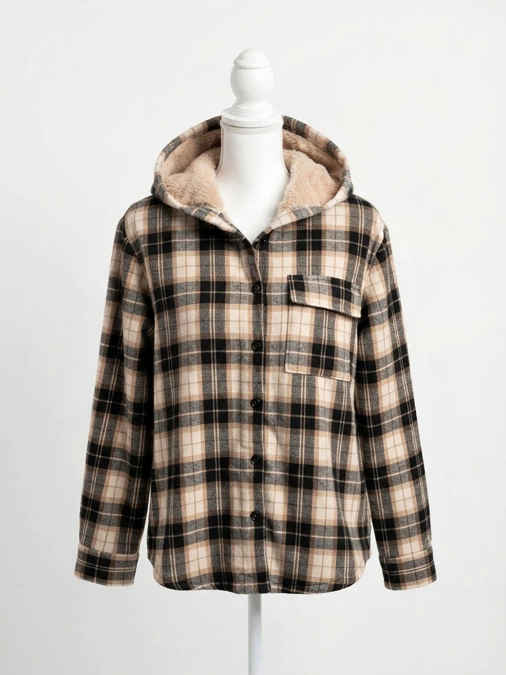 Plaid Sherpa-Lined Hooded Jacket